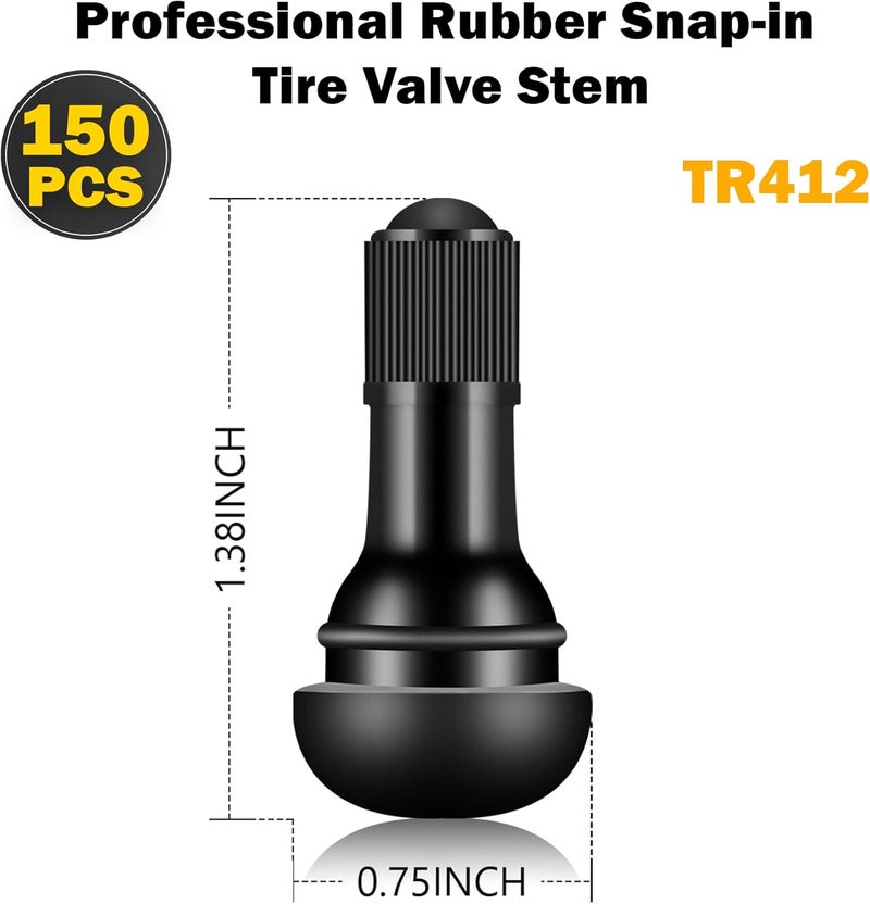 Tottist Tire Valve Stems Rubber Black Rubber Snap-in Valves,Tubeless Valve Stems Suit for 0.453 inch Rim Holes on Standard Vehicle Tires (150pcs（TR412-150pcs）) - Image 2